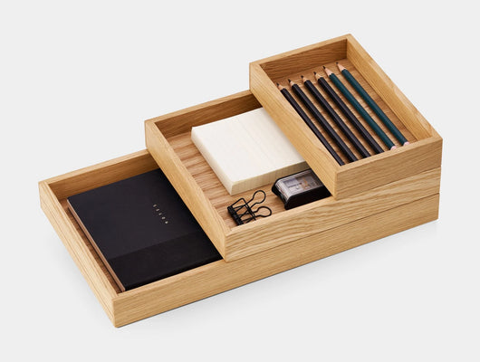 Oakywood Stackable Valet Trays Bundle in oak – deep wooden trays for multi-level desk organization | oak, 