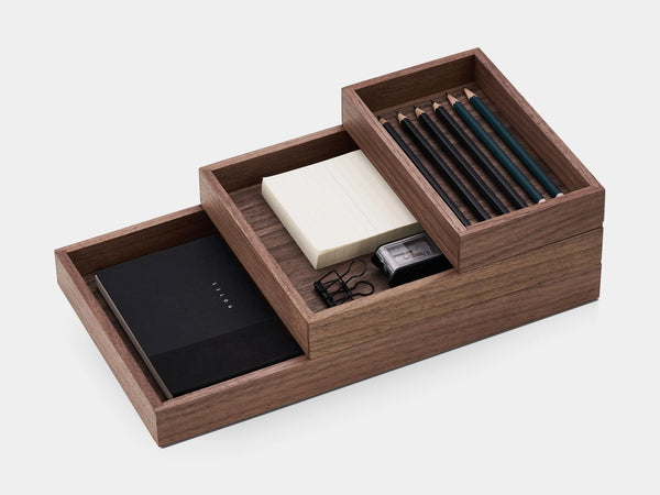Wooden desk organizer with stationery items on Oakywood Stackable Valet Trays Bundle in walnut – stylish dark wood trays for multi-level desk organization | walnut, 