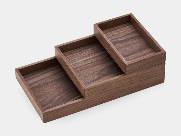 Oakywood Stackable Valet Trays Bundle in walnut – premium walnut trays for storing electronics, documents, and personal items | walnut, 