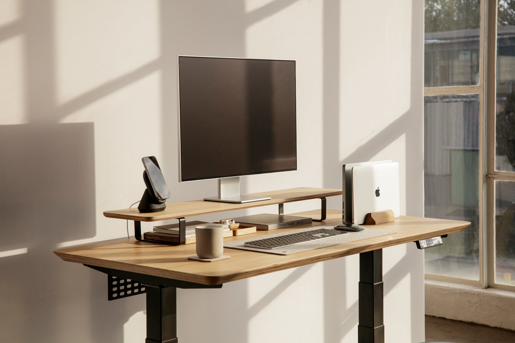 oak wooden desk shelf with standing desk setup |  oak veneer, 